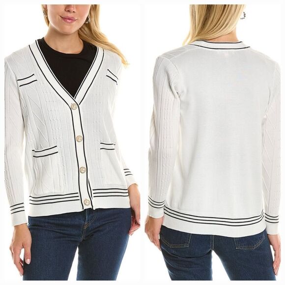 🔸️NWT Nanette Lepore White & Blue Cardigan Sweater Small - Picture 1 of 12